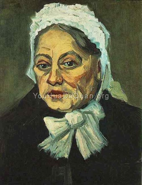 戴着白帽子的老妇人的头像 - 文森特·威廉·梵高